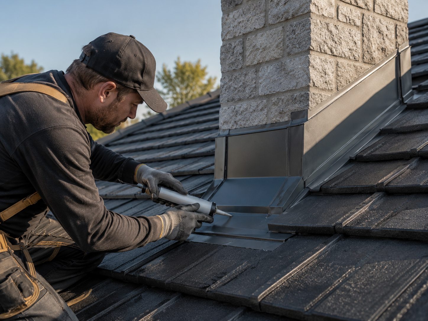 Close-up of professional roof repair work on a Mackay tile roof